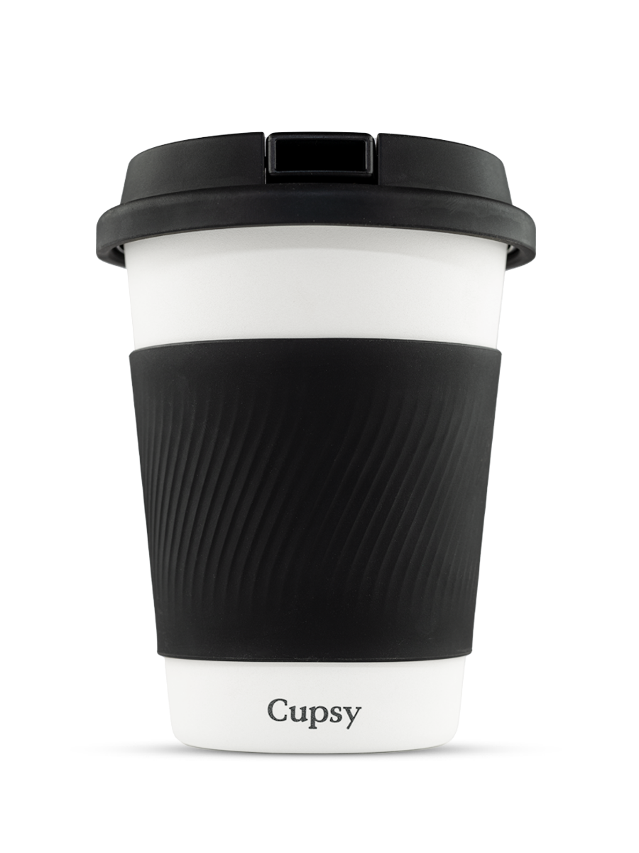 Front shot of Puffco black and white to-go cup discreet weed pipe