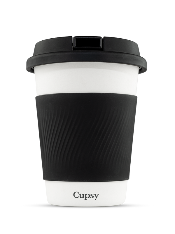 Front shot of Puffco black and white to-go cup discreet weed pipe