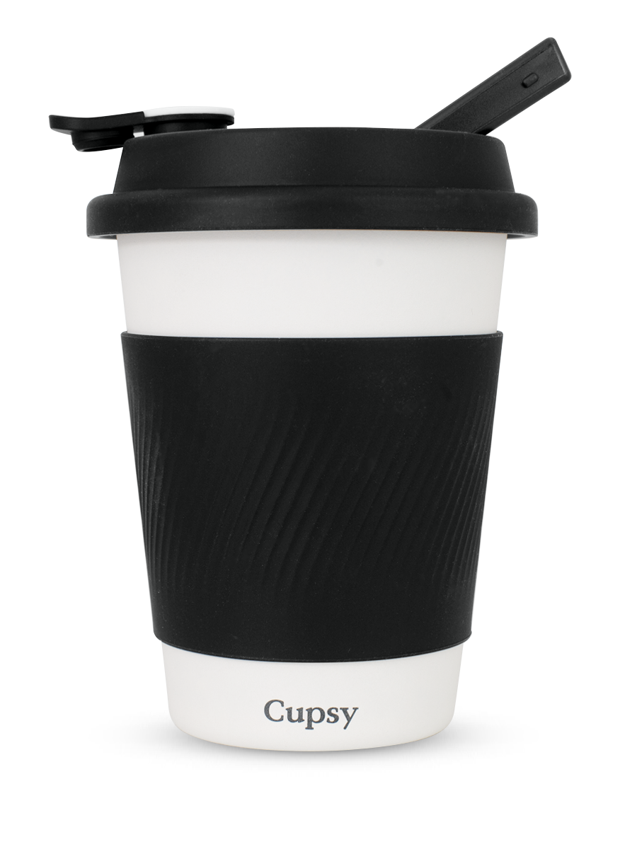 Side shot of Puffco black and white to-go cup discreet pipe