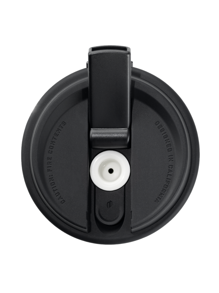 Overhead shot of Puffco black and white coffee cup pipe with empty bowl and open mouthpiece
