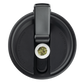 Overhead shot of Puffco black and white coffee cup pipe with flower in bowl and open mouthpiece