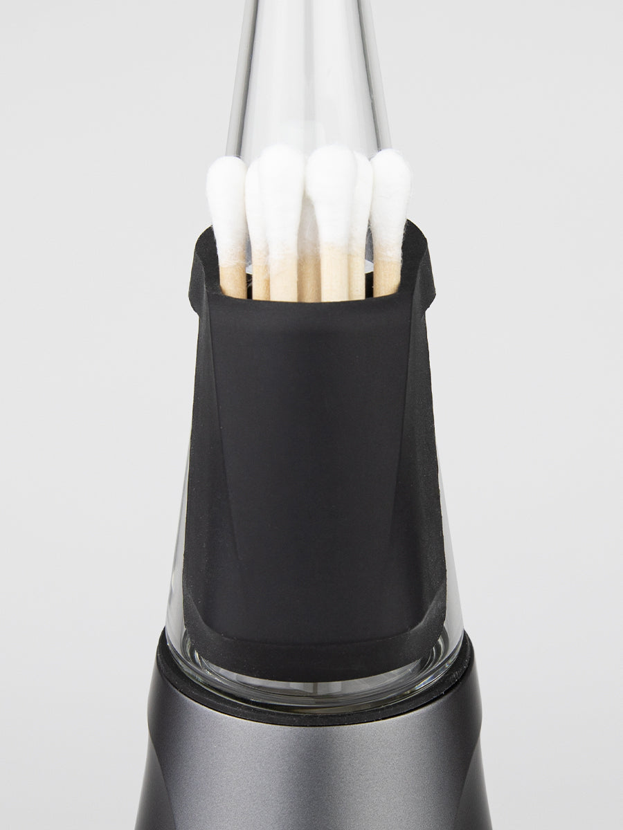 Close up shot of cotton swab compartment on black Peak Pro travel pack