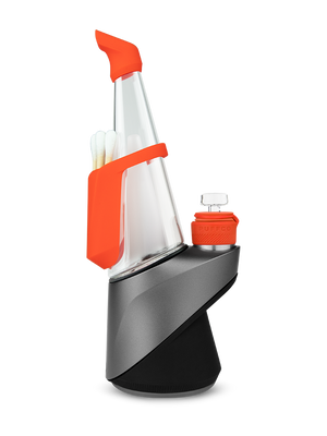 color:solar red | Side shot of gray and red Puffco Peak Pro travel pack