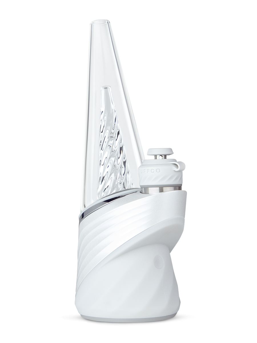 color:pearl | Angled front shot of Puffco white new Peak Pro dab rig 