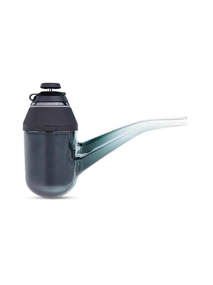  Side shot of Puffco black Proxy joystick connected to black glass pipe