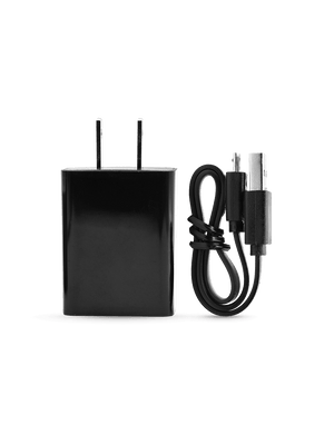 Black Puffco Peak charging cable and block against white backdrop