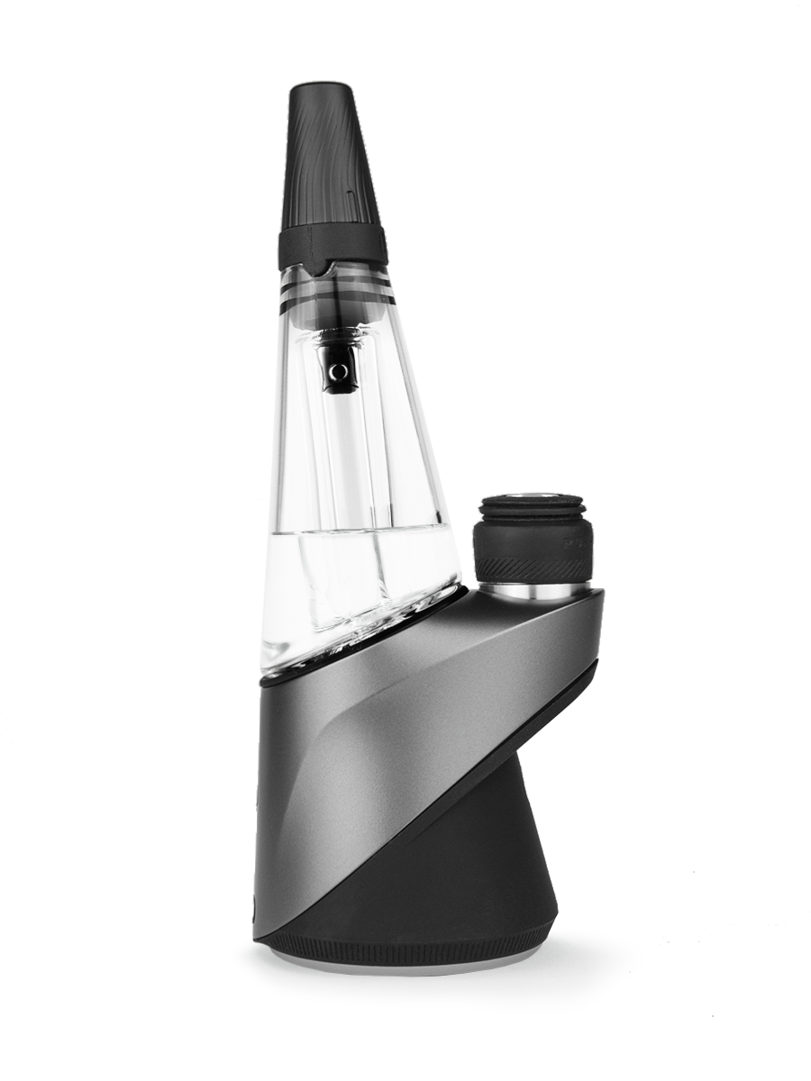 Side shot of Puffco Peak Pro travel glass connected to black and gray rig
