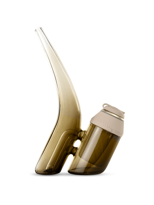 color:desert | Side shot of Puffco brown glass travel bubbler with beige base