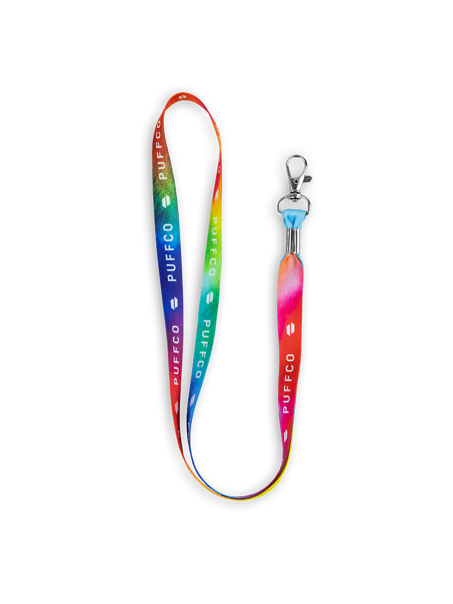 Tie dye lanyard folded in half against white backdrop