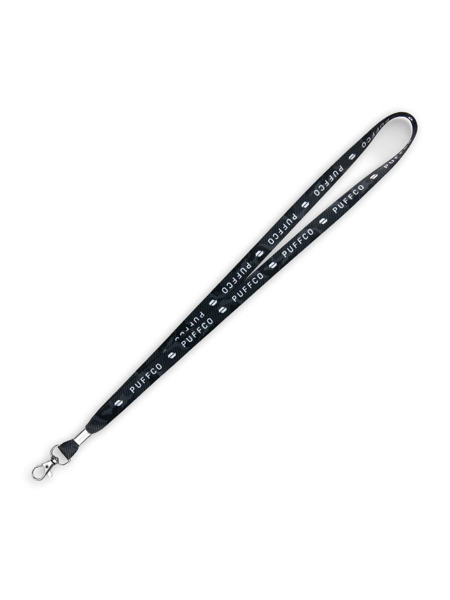 Black Puffco lanyard against white backdrop