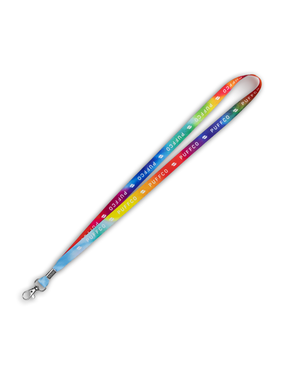 Rainbow Puffco lanyard against white backdrop
