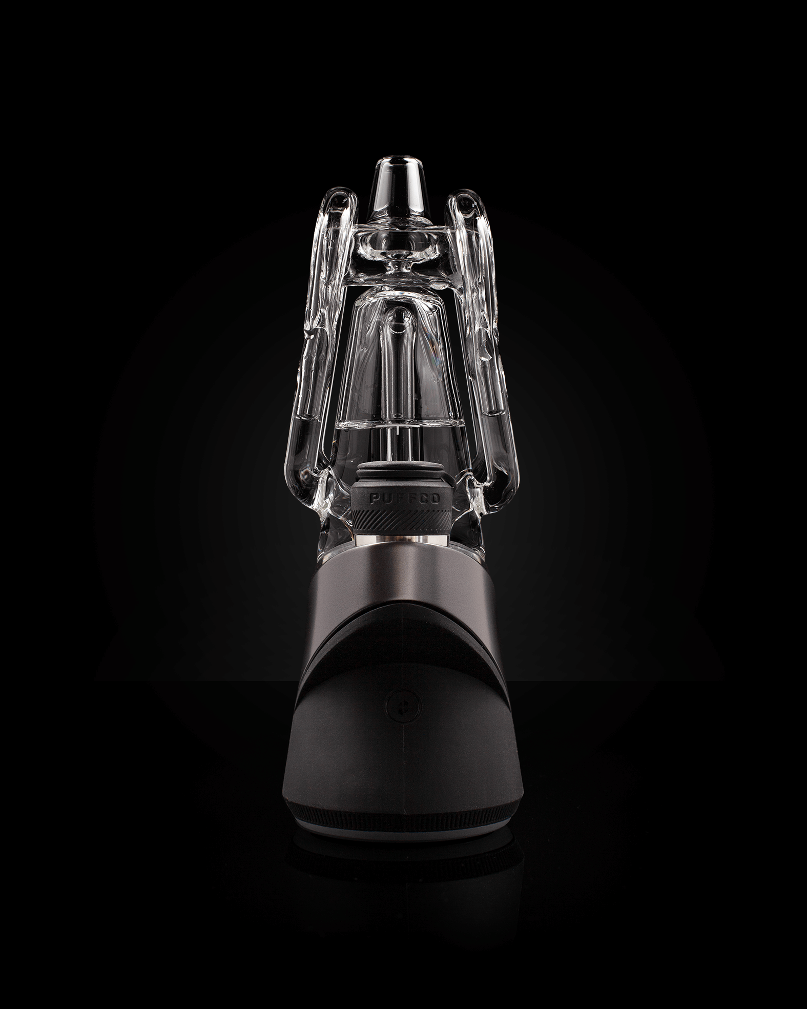 Front shot of clear Ryan Fitt glass attached to black rig against black backdrop