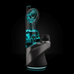 Side shot of clear Ryan FItt recycler glass attached to black rig with blue light shining throughout the glass against a black backdrop
