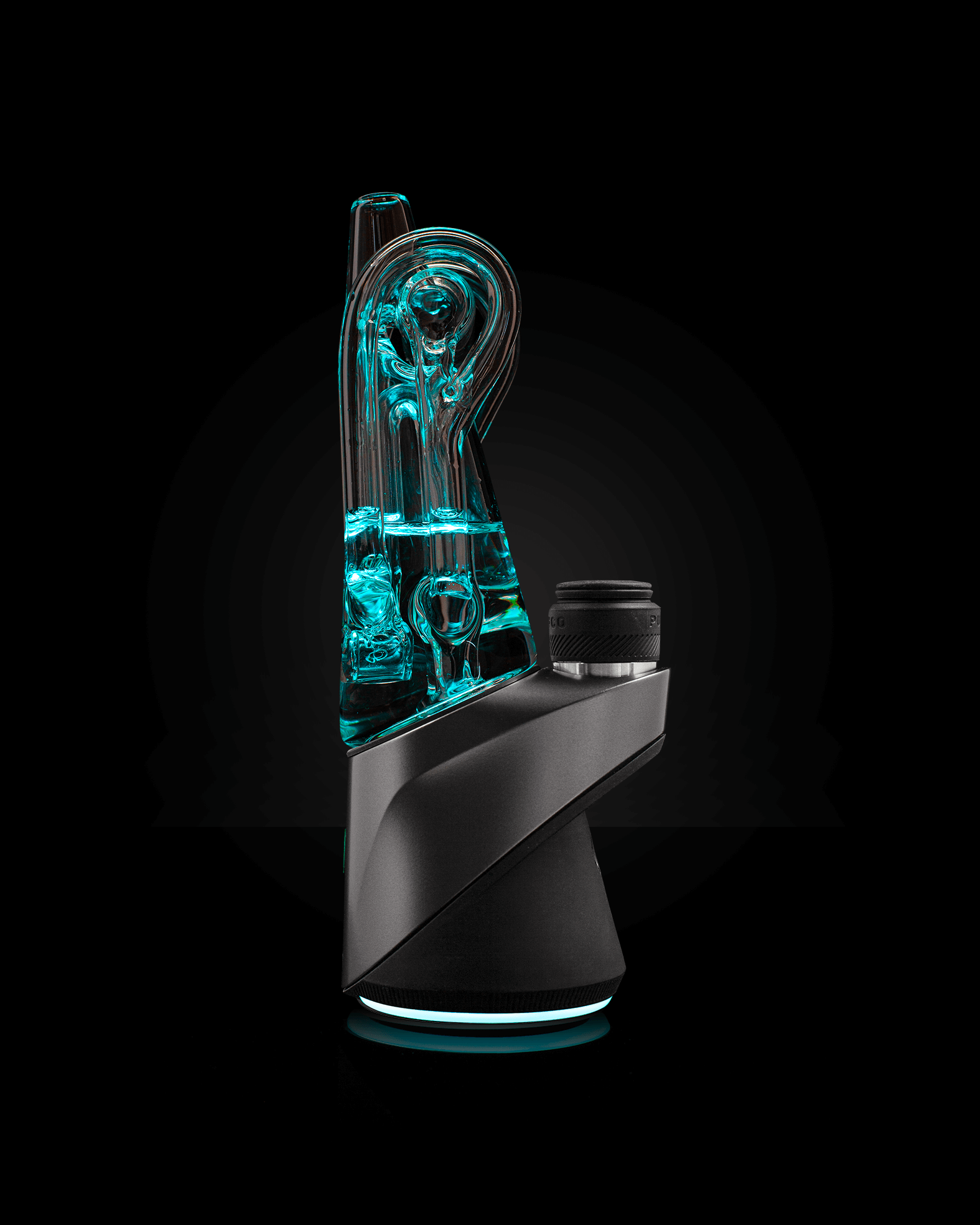 Side shot of clear Ryan FItt recycler glass attached to black rig with blue light shining throughout the glass against a black backdrop