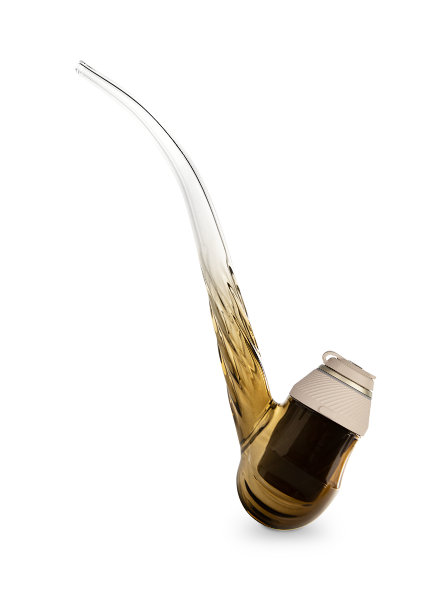 color:desert | Side shot of Puffco brown glass wizard pipe with desert beige base 
