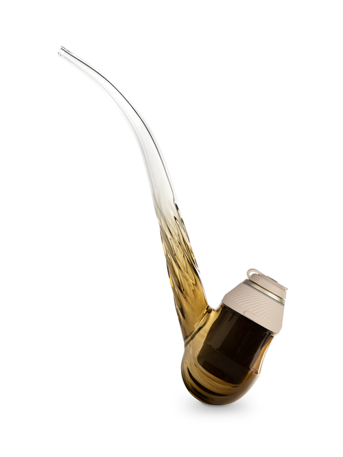 color:desert | Side shot of Puffco brown glass wizard pipe with desert beige base 